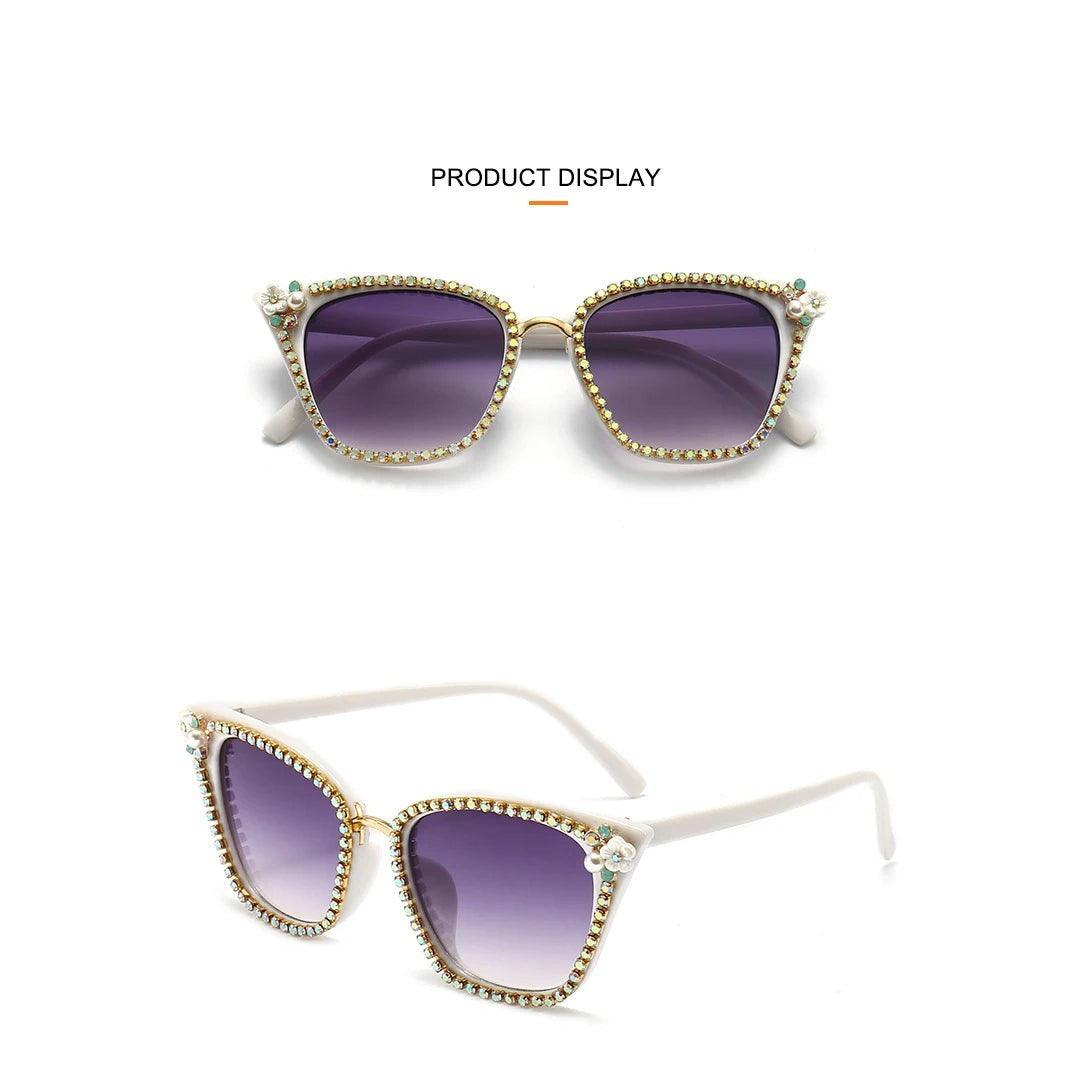 Glamorous Retro Cat Eye Crystal Sunglasses with Bling & Floral Accents - UV400 Protection - Lucid Fantasy 