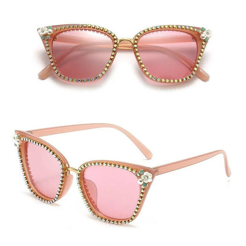 Glamorous Retro Cat Eye Crystal Sunglasses with Bling & Floral Accents - UV400 Protection - Lucid Fantasy 