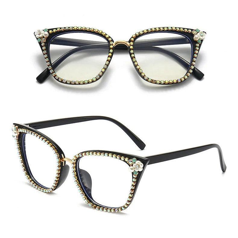 Glamorous Retro Cat Eye Crystal Sunglasses with Bling & Floral Accents - UV400 Protection - Lucid Fantasy 