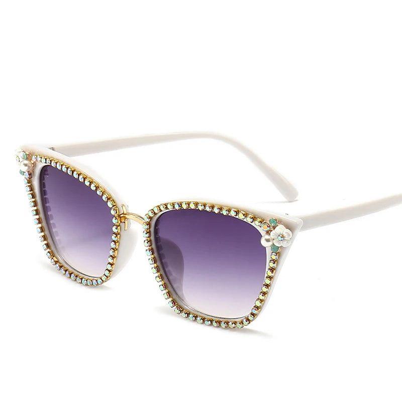 Glamorous Retro Cat Eye Crystal Sunglasses with Bling & Floral Accents - UV400 Protection - Lucid Fantasy 