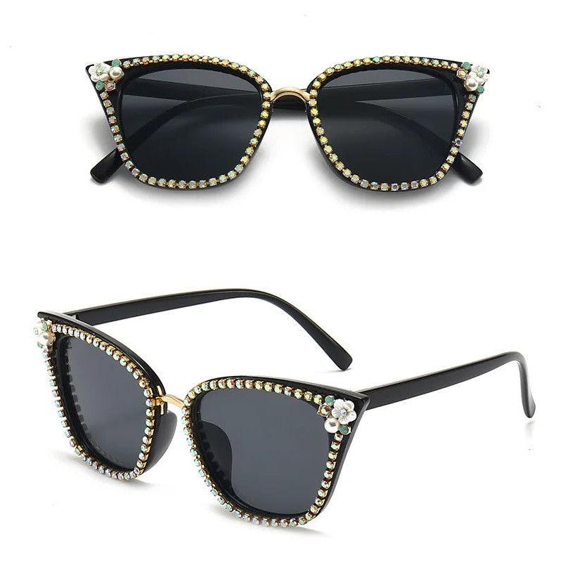 Glamorous Retro Cat Eye Crystal Sunglasses with Bling & Floral Accents - UV400 Protection - Lucid Fantasy 