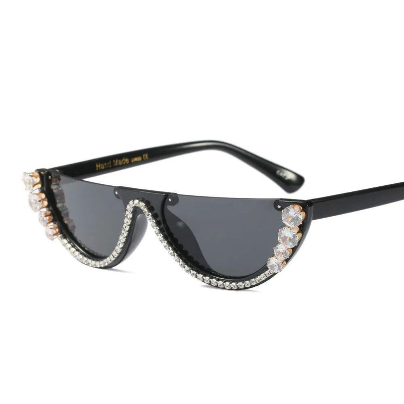 Glamorous Rhinestone-Embellished Half Frame Cat Eye Sunglasses with UV400 Protection - Lucid Fantasy 