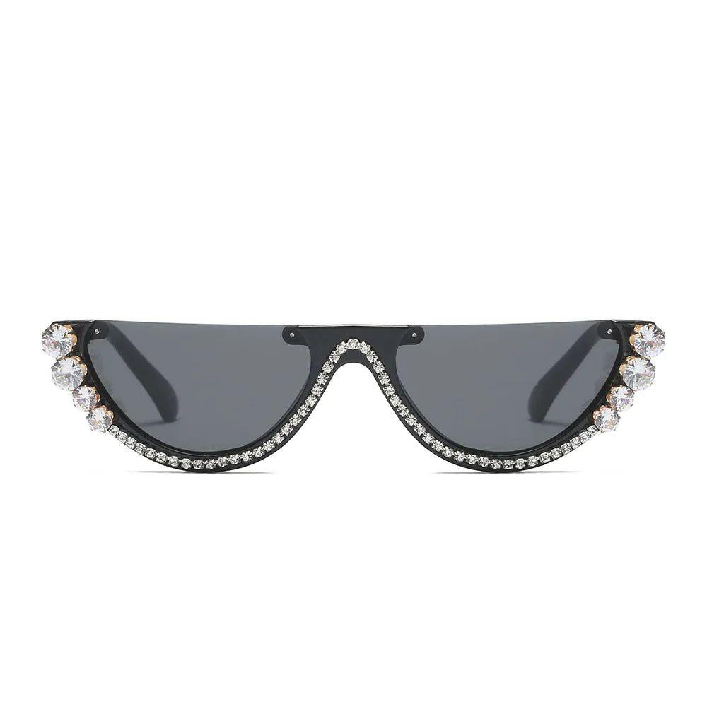 Glamorous Rhinestone-Embellished Half Frame Cat Eye Sunglasses with UV400 Protection - Lucid Fantasy 