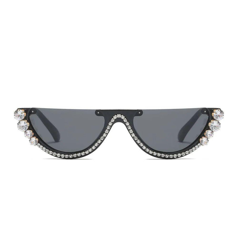 Glamorous Rhinestone-Embellished Half Frame Cat Eye Sunglasses with UV400 Protection - Lucid Fantasy 