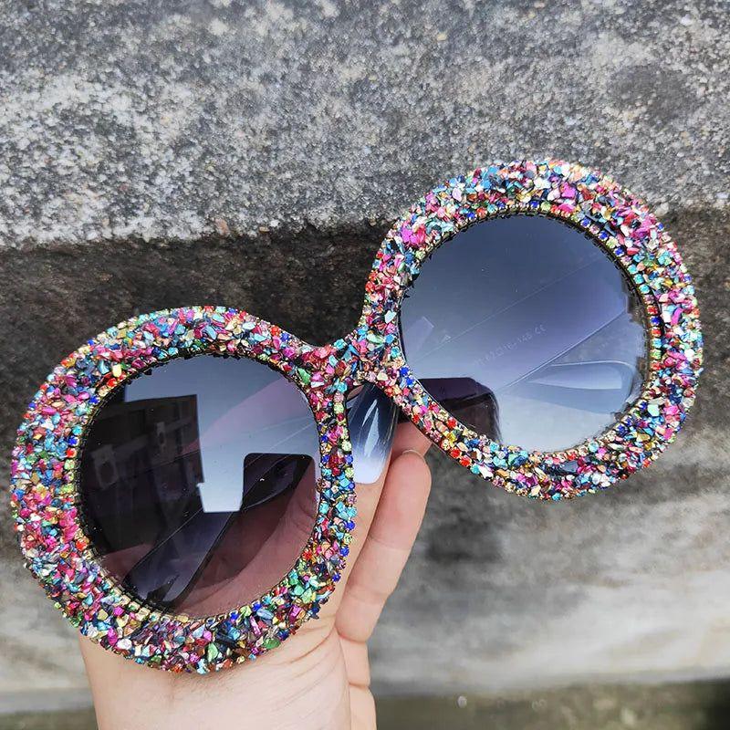 Glamorous Rhinestone-Embellished Oversized Round Sunglasses - Lucid Fantasy 