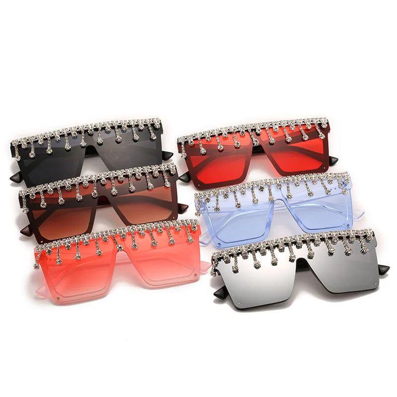 Glamorous Rhinestone-Embellished Oversized Square Sunglasses with UV400 Protection - Lucid Fantasy 