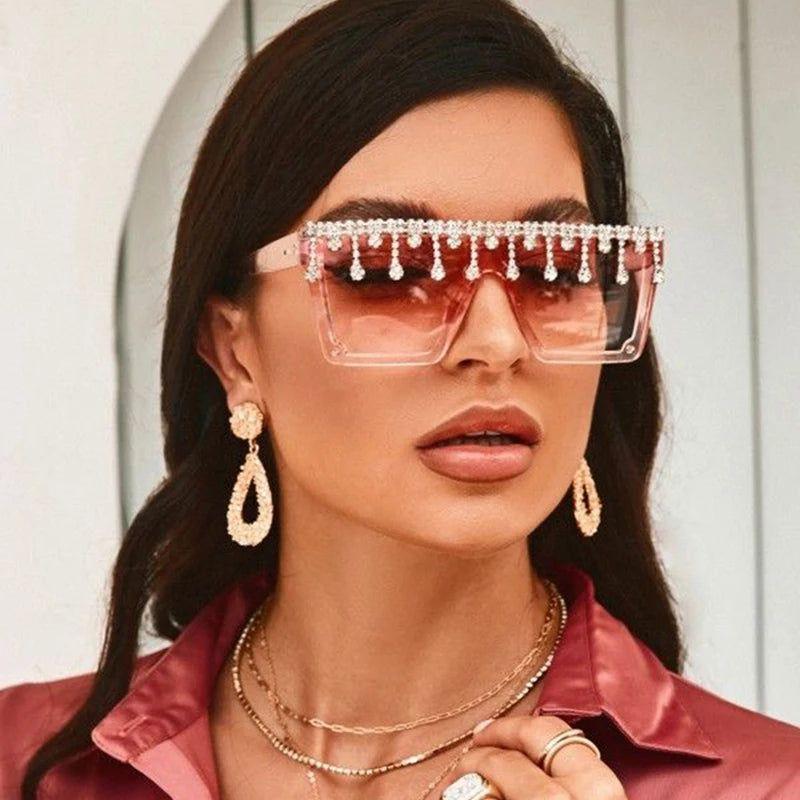 Glamorous Rhinestone-Embellished Oversized Square Sunglasses with UV400 Protection - Lucid Fantasy 