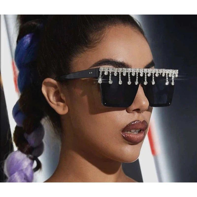 Glamorous Rhinestone-Embellished Oversized Square Sunglasses with UV400 Protection - Lucid Fantasy 