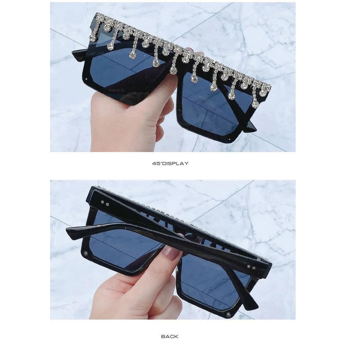 Glamorous Rhinestone-Embellished Oversized Square Sunglasses with UV400 Protection - Lucid Fantasy 