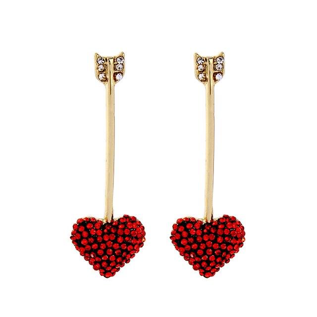 Glistening Ruby Heart Arrow Dangle Earrings with Golden Accents - Lucid Fantasy 