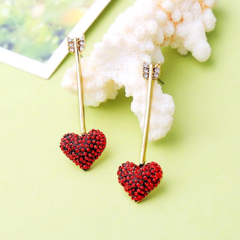 Glistening Ruby Heart Arrow Dangle Earrings with Golden Accents - Lucid Fantasy 