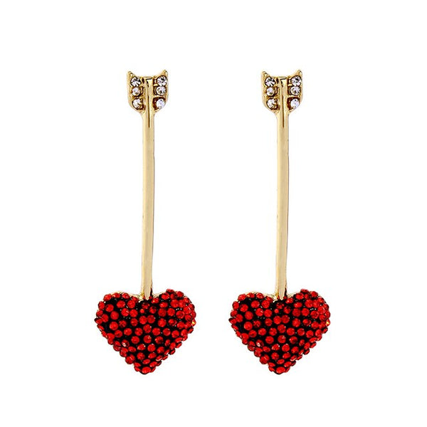 Golden Metallic Red Crystal Heart Arrow Dangle Earrings