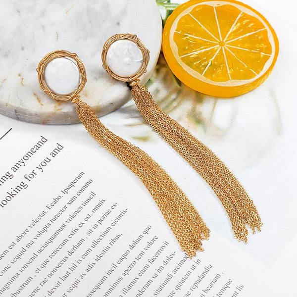 Golden Metallic Shell Stud Thin Chain Tassel Drop Earrings