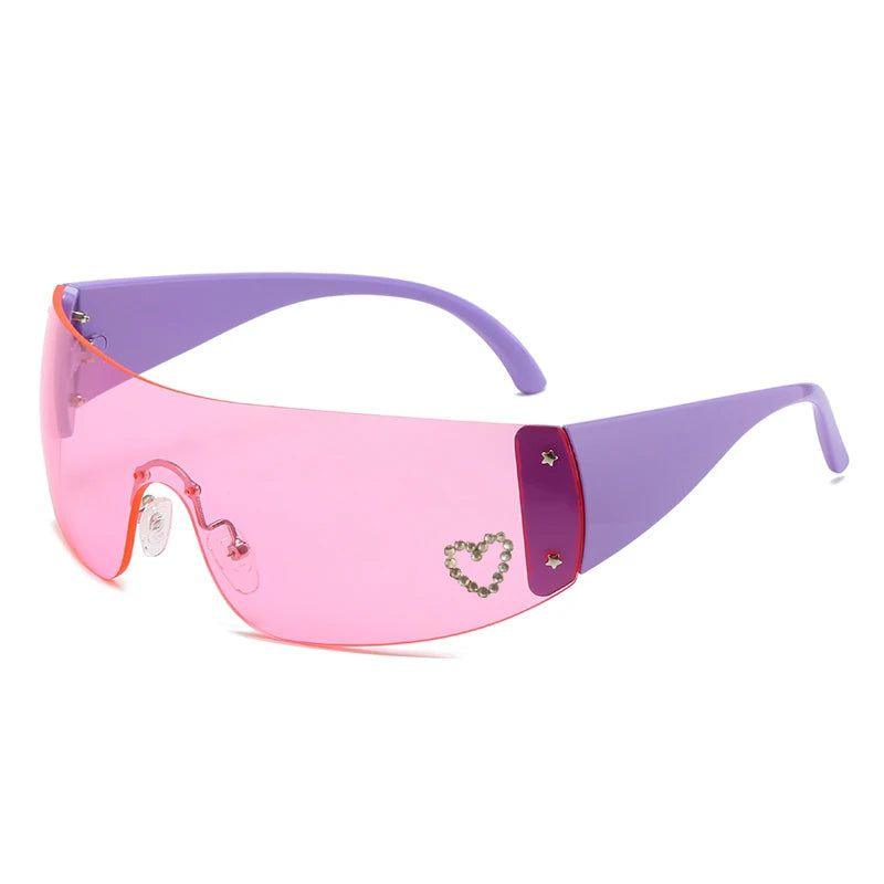 Heart-Shaped Diamond Bling Pink Y2K Fashion Sunglasses with Goggle Wrap Frames - Lucid Fantasy 