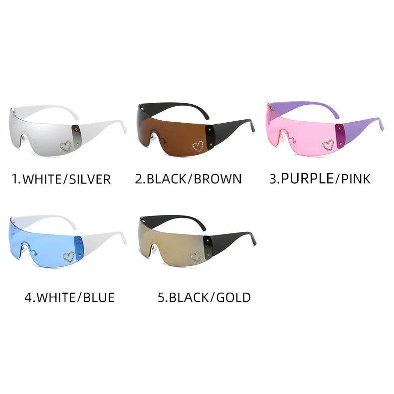 Heart-Shaped Diamond Bling Pink Y2K Fashion Sunglasses with Goggle Wrap Frames - Lucid Fantasy 