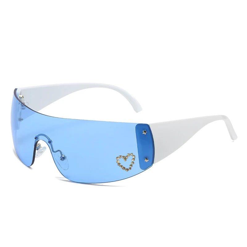 Heart-Shaped Diamond Bling Pink Y2K Fashion Sunglasses with Goggle Wrap Frames - Lucid Fantasy 