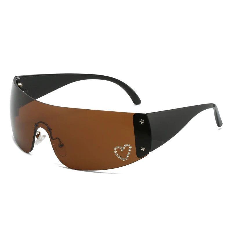 Heart-Shaped Diamond Bling Pink Y2K Fashion Sunglasses with Goggle Wrap Frames - Lucid Fantasy 