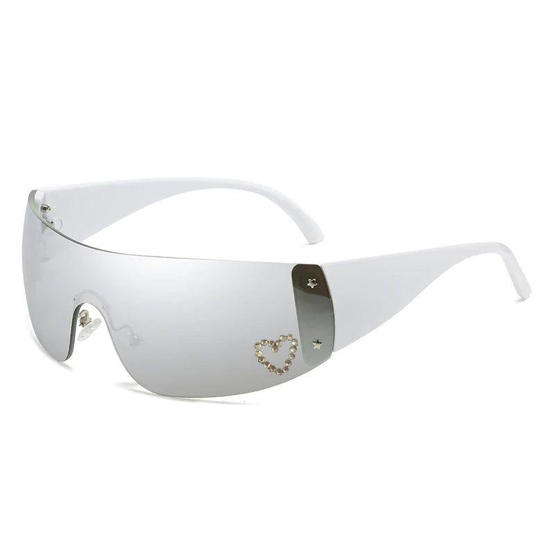 Heart-Shaped Diamond Bling Pink Y2K Fashion Sunglasses with Goggle Wrap Frames - Lucid Fantasy 