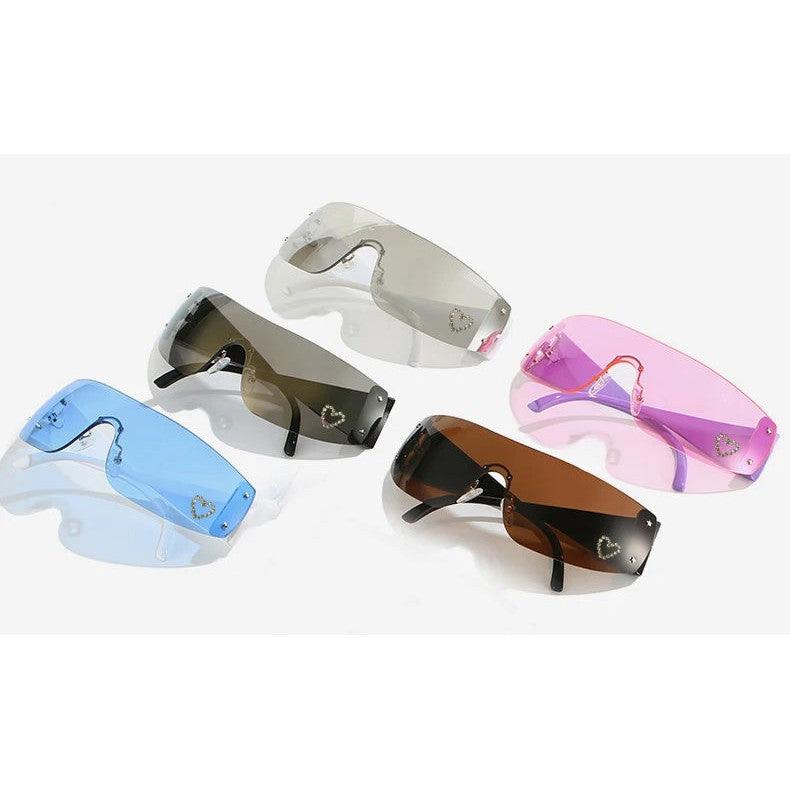 Heart-Shaped Diamond Bling Pink Y2K Fashion Sunglasses with Goggle Wrap Frames - Lucid Fantasy 