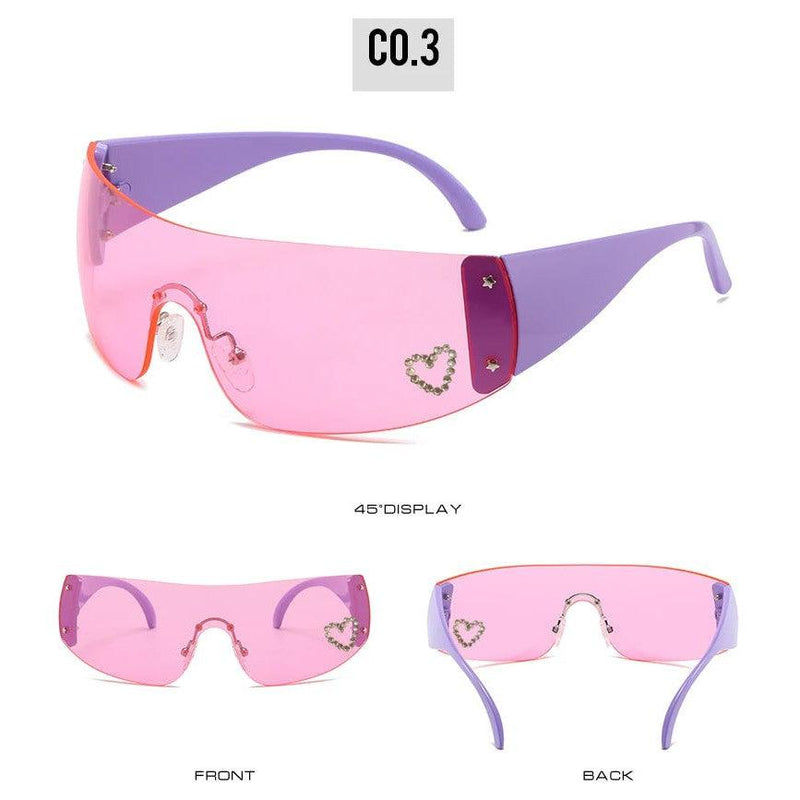 Heart-Shaped Diamond Bling Pink Y2K Fashion Sunglasses with Goggle Wrap Frames - Lucid Fantasy 