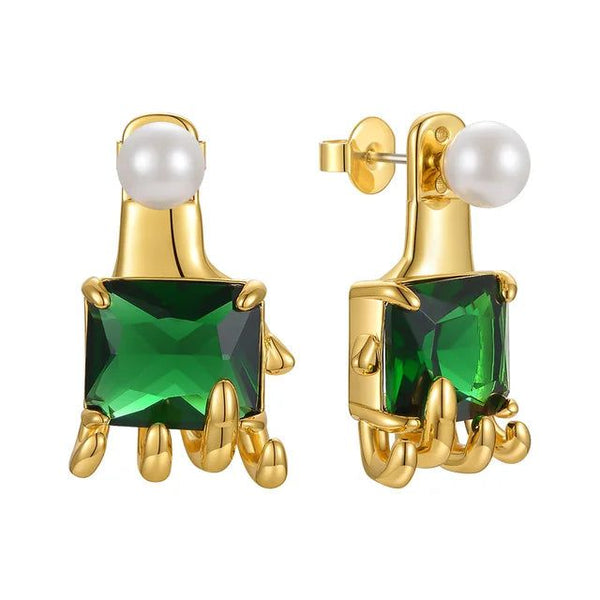 High Quality Fashion Jewelry Green Blue Stone Stud Earrings Gold Color Pearl Fashion Jewelry-Lucid Fantasy