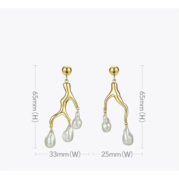 High Quality Fashion Jewelry Metal Coral Irregular Pearl Drop Earrings Gold Color Branches Statement Dangle Fashion Jewelry-Lucid Fantasy