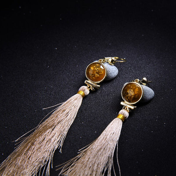 Light Color Resin Cotton Thread Long Earrings Style Tassel Pendant Earrings
