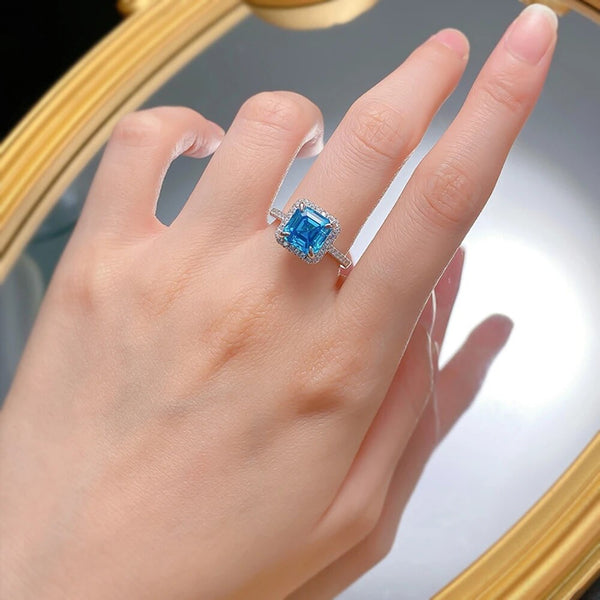 LUCID FANTASY 100% 925 Sterling Silver Asscher Cut 8*8 MM Aquamarine High Carbon Diamond Gemstone Ring-Lucid Fantasy