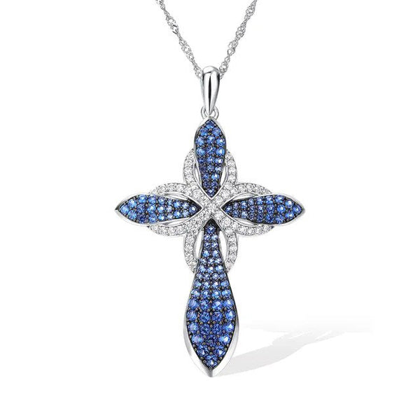 LUCID FANTASY 100% 925 Sterling Silver Cross Pendant 1.4ct Gems Blue O-Chain Nano Necklace Fine Jewelry-Lucid Fantasy