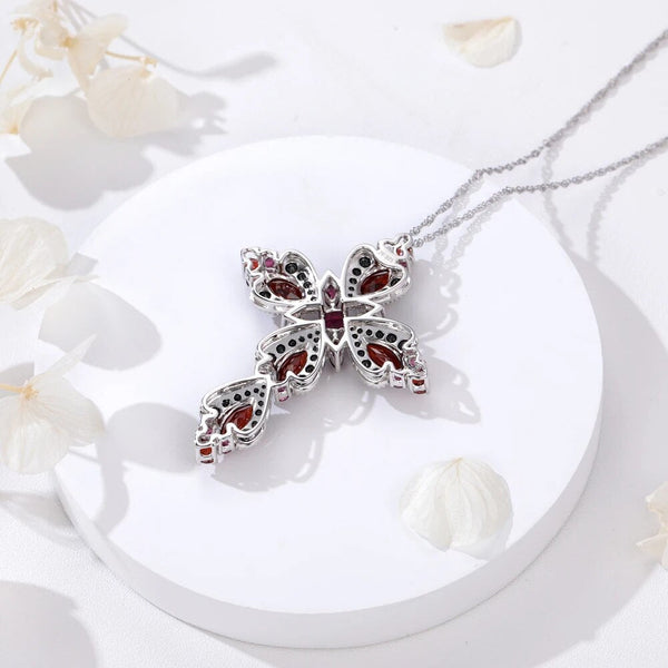 LUCID FANTASY 100% 925 Sterling Silver Cross Pendant Necklace 8.8ct Natural Rhodolite Gemstone Black Spinel Fine Jewelry-Lucid Fantasy