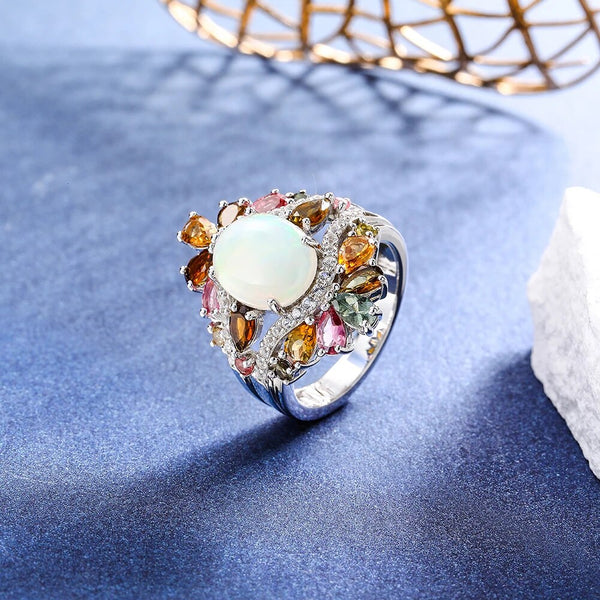 LUCID FANTASY 100% 925 Sterling Silver Pear Ring Opal Tourmaline Gems 4.8ct Elegant Luxury Fine Jewelry-Lucid Fantasy