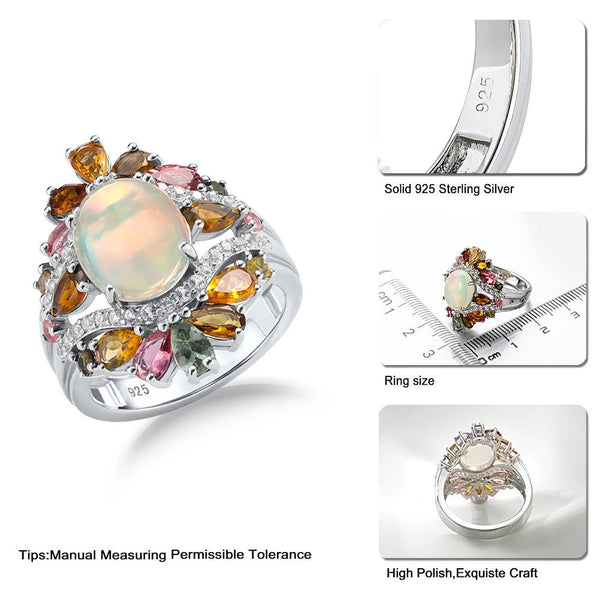 LUCID FANTASY 100% 925 Sterling Silver Pear Ring Opal Tourmaline Gems 4.8ct Elegant Luxury Fine Jewelry-Lucid Fantasy