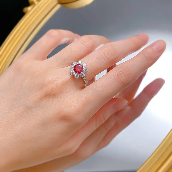LUCID FANTASY 100% 925 Sterling Silver Round Cut 6.5MM Ruby High Carbon Diamond Gemstone Flower Ring for Jewelry-Lucid Fantasy