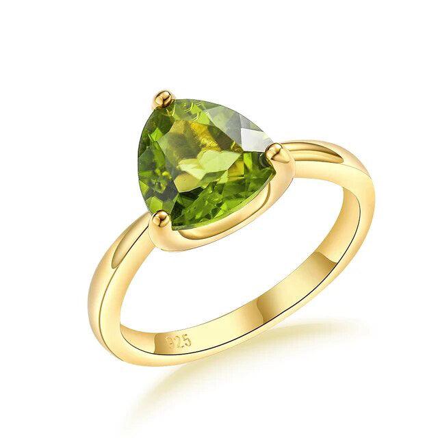 LUCID FANTASY 3 Carat Triangle Design Ring in Authentic 925 Sterling Silver with Natural Peridot or Created Sapphire and 14K Gold Plating - Lucid Fantasy 