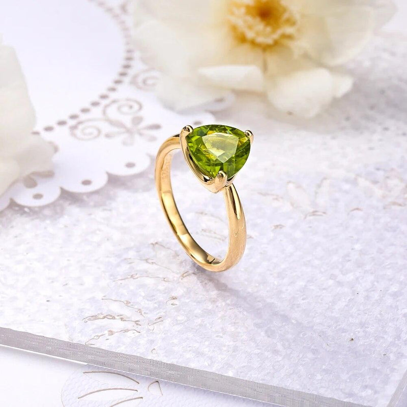 LUCID FANTASY 3 Carat Triangle Design Ring in Authentic 925 Sterling Silver with Natural Peridot or Created Sapphire and 14K Gold Plating - Lucid Fantasy 