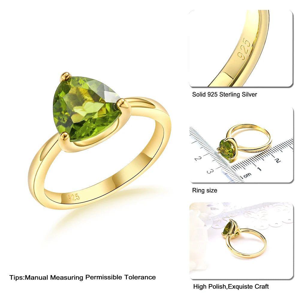 LUCID FANTASY 3 Carat Triangle Design Ring in Authentic 925 Sterling Silver with Natural Peridot or Created Sapphire and 14K Gold Plating - Lucid Fantasy 