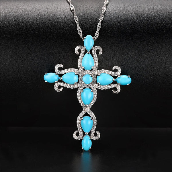 LUCID FANTASY 925 Sterling Silver Cross Necklace for Women 5.5 Carats Natural Turquoise Sweater Chain Cross Pendant Fine Jewelry-Lucid Fantasy