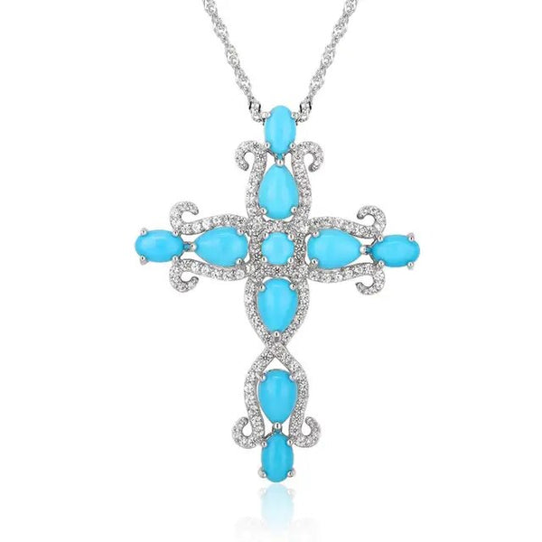 LUCID FANTASY 925 Sterling Silver Cross Necklace for Women 5.5 Carats Natural Turquoise Sweater Chain Cross Pendant Fine Jewelry-Lucid Fantasy