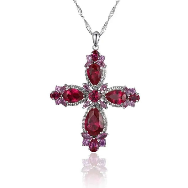 LUCID FANTASY 925 Sterling Silver Cross Pendant Necklace 5.5 Carats Red Gemstone Fine Jewelry-Lucid Fantasy