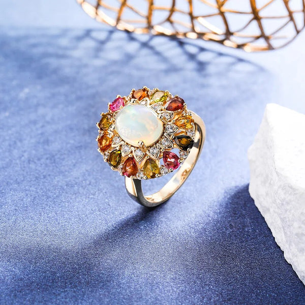 LUCID FANTASY Authentic 925 Sterling Silver Ring Natural Opal Tourmaline 3.3ct 14K Gold Plated Shiny Fine Jewelry-Lucid Fantasy