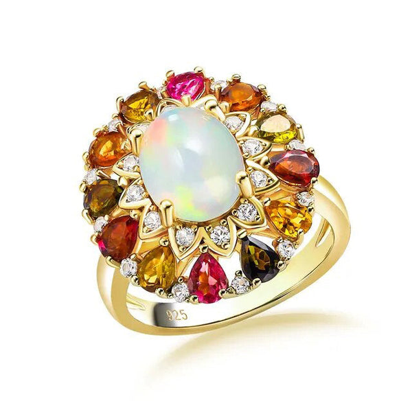 LUCID FANTASY Authentic 925 Sterling Silver Ring Natural Opal Tourmaline 3.3ct 14K Gold Plated Shiny Fine Jewelry-Lucid Fantasy