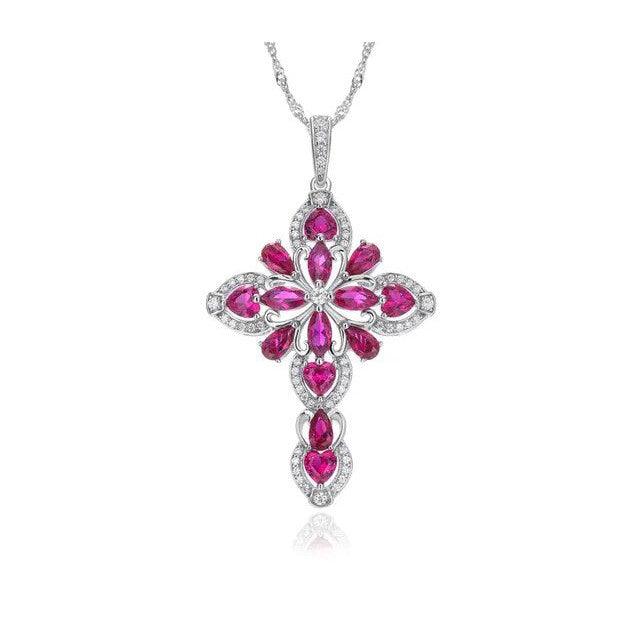 LUCID FANTASY Elegant 925 Sterling Silver Cross Pendant Necklace with Created Ruby or Tanzanite for Women, Rhodium Plated Fine Jewelry - Lucid Fantasy 