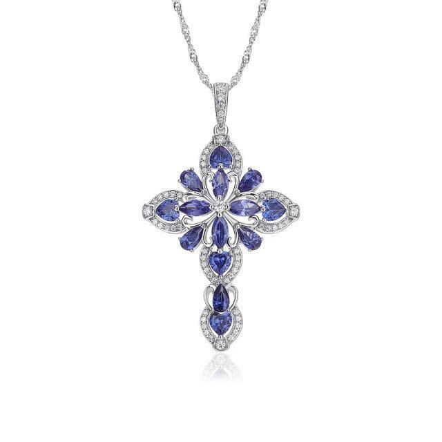 LUCID FANTASY Elegant 925 Sterling Silver Cross Pendant Necklace with Created Ruby or Tanzanite for Women, Rhodium Plated Fine Jewelry - Lucid Fantasy 