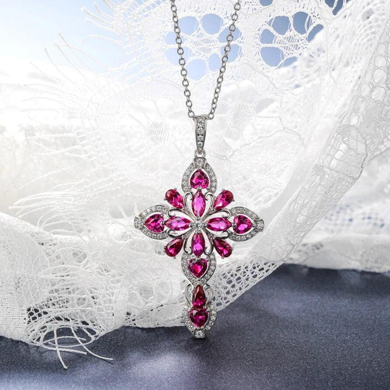 LUCID FANTASY Elegant 925 Sterling Silver Cross Pendant Necklace with Created Ruby or Tanzanite for Women, Rhodium Plated Fine Jewelry - Lucid Fantasy 