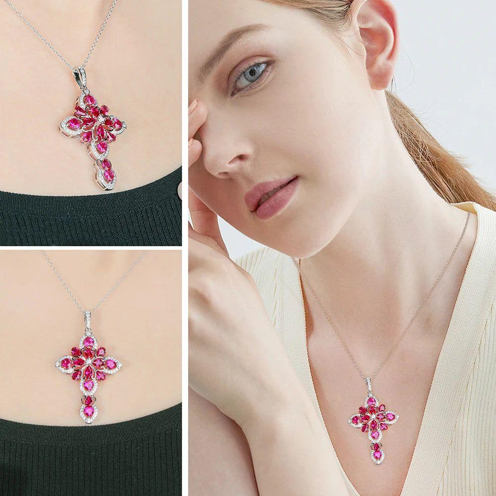 LUCID FANTASY Elegant 925 Sterling Silver Cross Pendant Necklace with Created Ruby or Tanzanite for Women, Rhodium Plated Fine Jewelry - Lucid Fantasy 