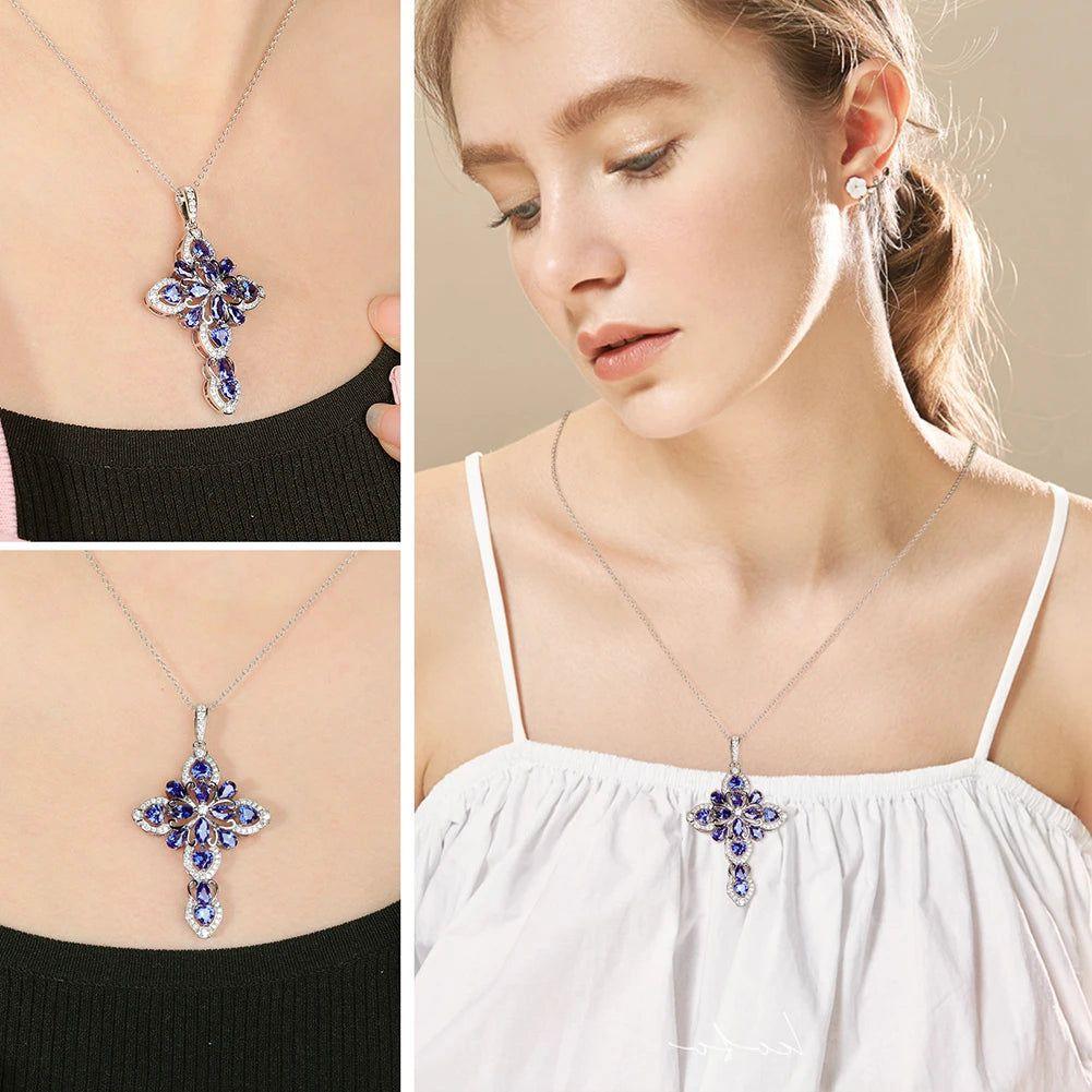 LUCID FANTASY Elegant 925 Sterling Silver Cross Pendant Necklace with Created Ruby or Tanzanite for Women, Rhodium Plated Fine Jewelry - Lucid Fantasy 