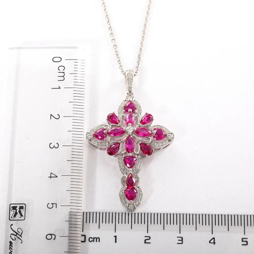 LUCID FANTASY Elegant 925 Sterling Silver Cross Pendant Necklace with Created Ruby or Tanzanite for Women, Rhodium Plated Fine Jewelry - Lucid Fantasy 