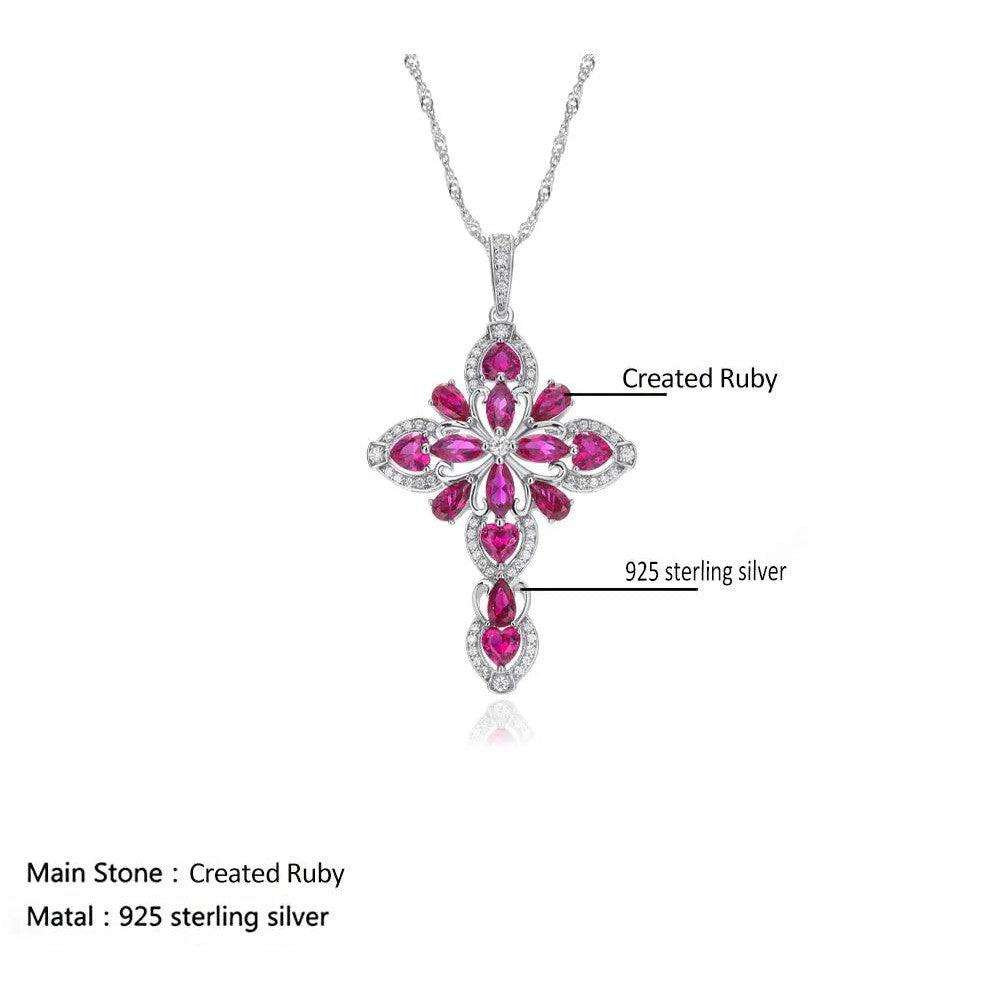 LUCID FANTASY Elegant 925 Sterling Silver Cross Pendant Necklace with Created Ruby or Tanzanite for Women, Rhodium Plated Fine Jewelry - Lucid Fantasy 