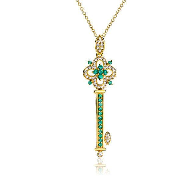 LUCID FANTASY Elegant 925 Sterling Silver Key Pendant Necklace with Created Emerald/Ruby/Sapphire Gemstones - Lucid Fantasy 