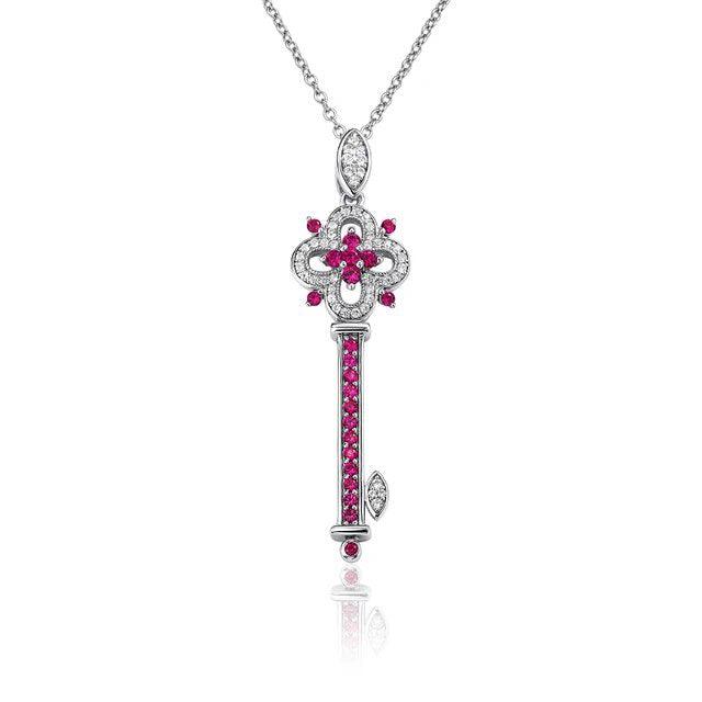 LUCID FANTASY Elegant 925 Sterling Silver Key Pendant Necklace with Created Emerald/Ruby/Sapphire Gemstones - Lucid Fantasy 